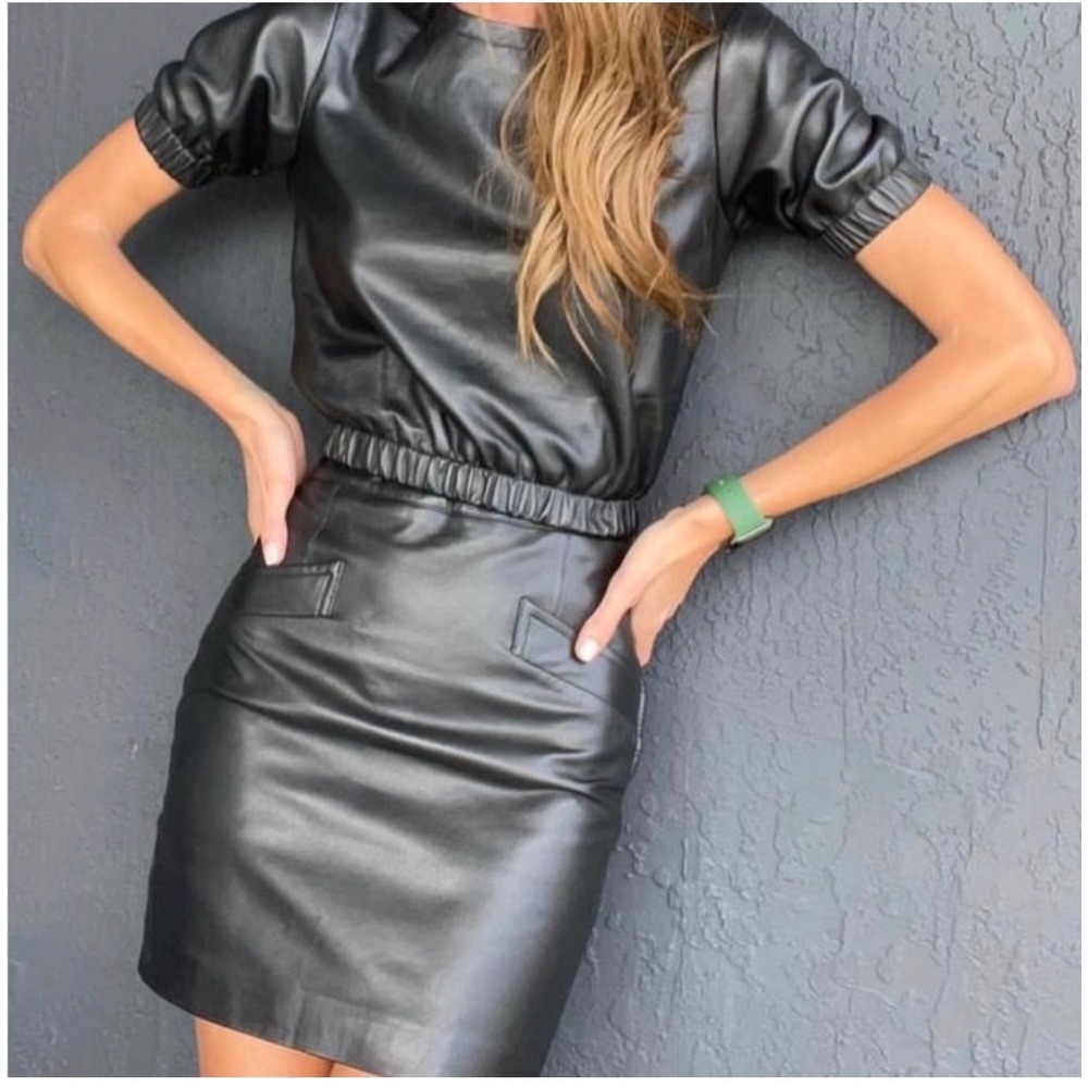 Karina Grimaldi Black Lamb Leather Puff Sleeve Cropped Top Size XS Modern Paris